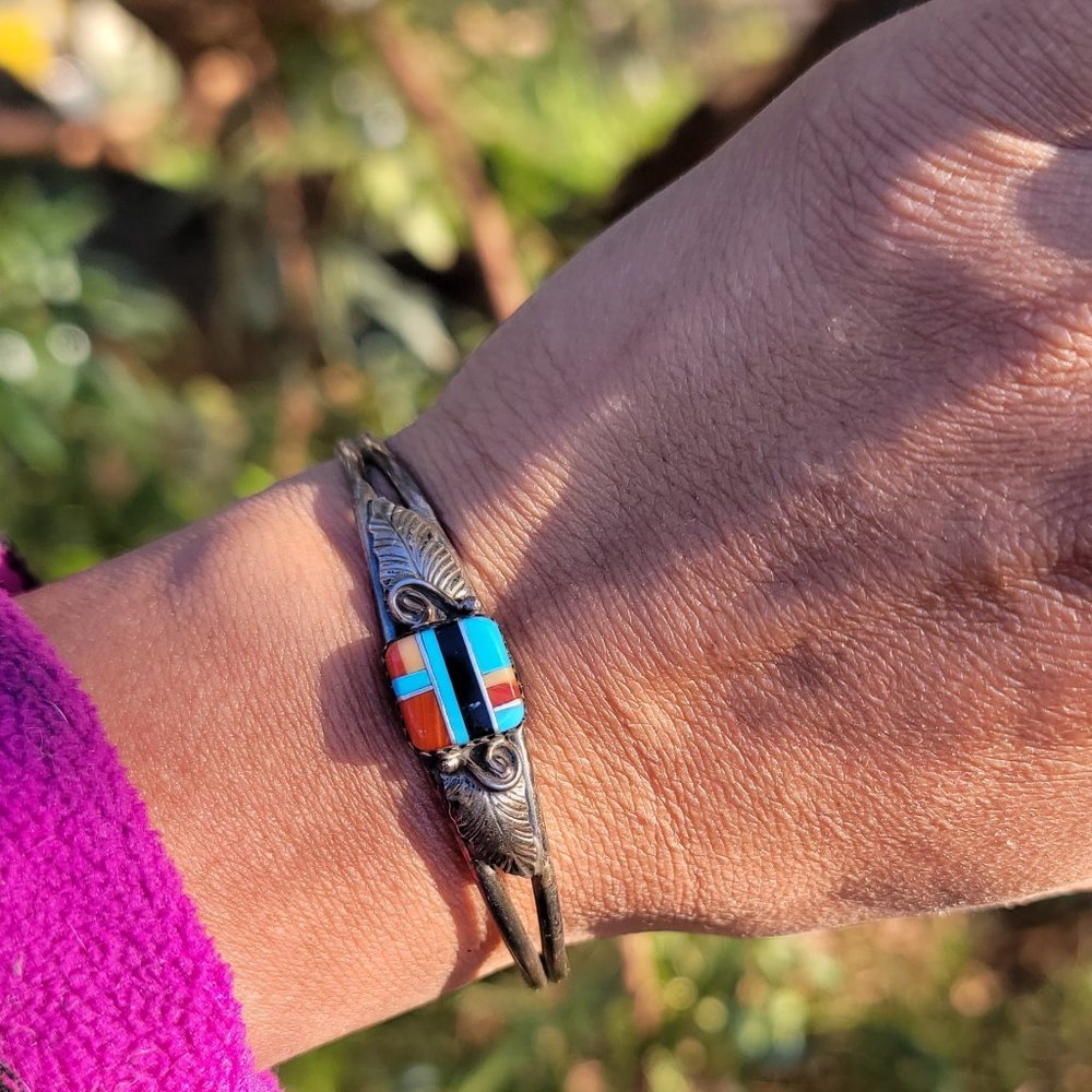 Native American 925 sterling silver square inlay squash blossom vintage bracelet - Picture 8 of 15